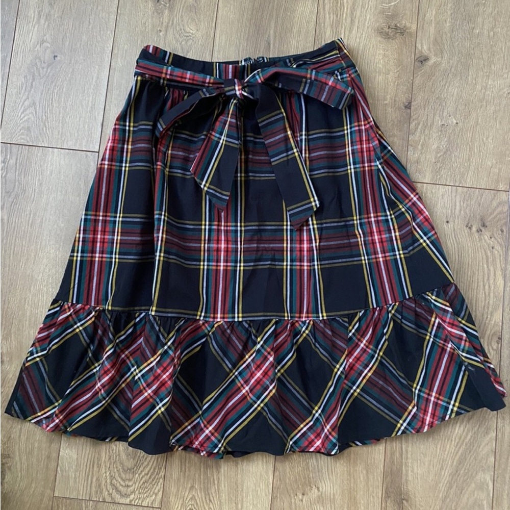 J. Crew Holiday Tartan Plaid Big Bow Ruffle Trim Midi Skirt